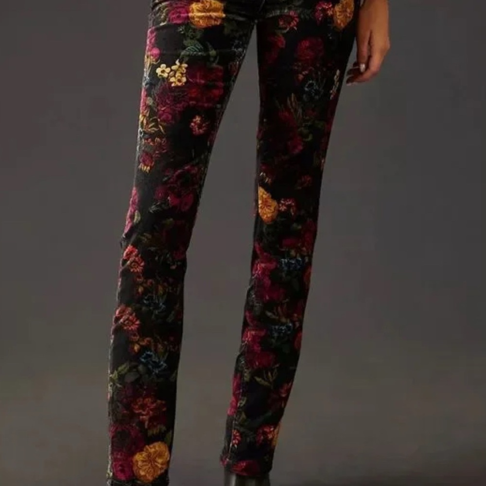 Anthropologie Pilcro Mid Rise Velvet Skinny Jeans Floral Black Wine Gold-25 New